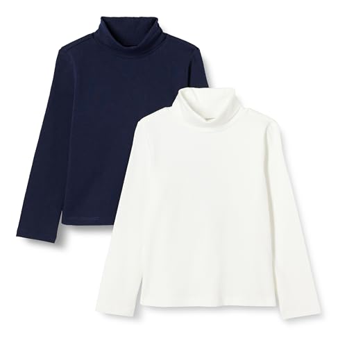 Amazon Essentials Girls' Turtleneck T-Shirt, Pack of 2, Ivory/Navy, Small