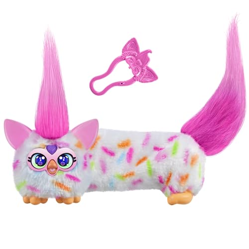 Furby DJ Furblet Berry-Cup-Cake Interactive Plush Toy with Stretchy Body, Music & Silly Sound Effects, Singing Talking Collectible with Keychain Clip, Furby 2023, Toys for Girls & Boys 6+