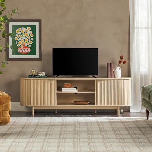 Walker Edison Modern Curved Reeded TV Stand for TVs up to 70 Inches, Credenza with Sliding Doors and Adjustable Shelves,