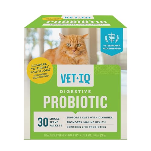VetIQ Probiotic Powder for Cats, Treats Diarrhea and Food Sensitivity, Chicken Flavored Single Serve Packets for Indoor and Outdoor Cats, 30 Count