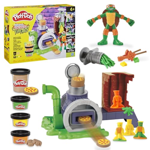 Play-Doh Teenage Mutant Ninja Turtles Slice & Blast Pizza Playset, Bendy 4 Inch Mikey Action Figure, Kids Arts & Crafts, TMNT Toys for Boys & Girls 4+