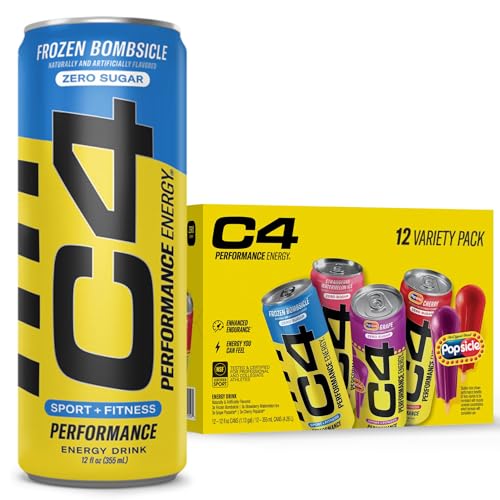 Cellucor C4 Energy Drink POPSICLE Variety Pack, Carbonated Sugar Free Pre Workout Performance Drink, 4 Flavors - Grape & Cherry Popsicle, Strawberry Watermelon Ice, Frozen Bombsicle, 12 Oz Pack of 12