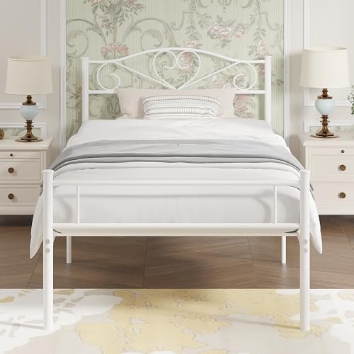 VECELO 14 Inch Twin Size Metal Platform Bed Frame with Headboard and Footboard, Heavy Duty Mattress Foundation with Steel Slats Support, No Box Spring Needed, White