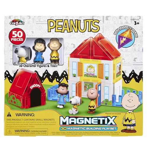 Cra-Z-Art Magnetix 3D Peanuts Charlie Brown and Friends Magnetic Building Tile Playset, Educational, STEM Toys for Ages 3+, 50 Pieces