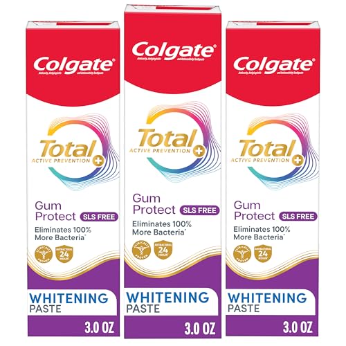 Colgate Total Active Prevention Gum Protect Whitening Toothpaste, Whitening Gum Toothpaste for Inflammation, Redness, Bleeding, Irritation, and Sensitivity, SLS Free, 3 Pack, 3.0 oz