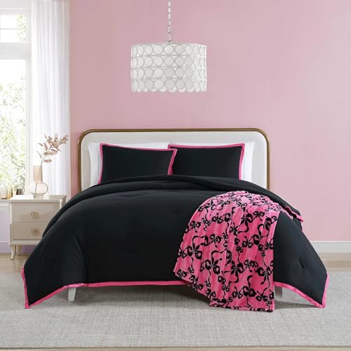Betsey Johnson - Twin Comforter Set, Bedding Set with Matching Sham & Bonus Soft Throw, Dorm Essentials (Signature Hotel Solid Black)