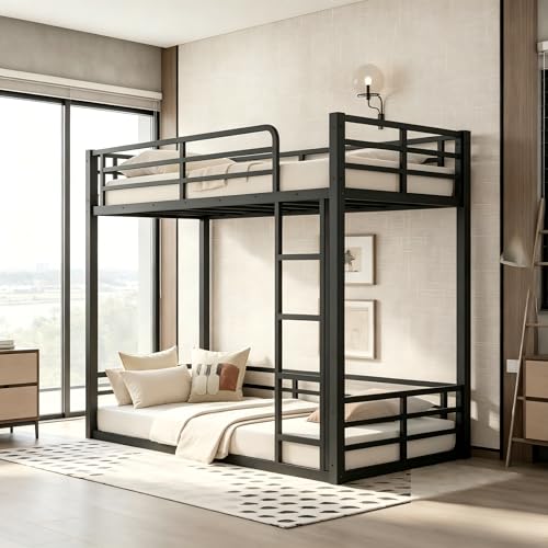 PVWIIK Metal Twin XL Over Queen Bunk Bed w/Ladder and Safety Guardrail for Kids Teens Adults,Heavy-Duty Sturdy Bunk Bed,No Box Spring Needed,Black