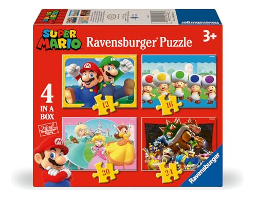 🔥 STARKER PREIS (-42%) Ravensburger — 4-jährige Kinder, 4 Puzzles in Einer Box, Super Mario — 4-Jahres, Super Mario-Kollektion, beinhaltet 4, 12-16-20-24 Progressive Teile, Lernspiele, Geschenkideen