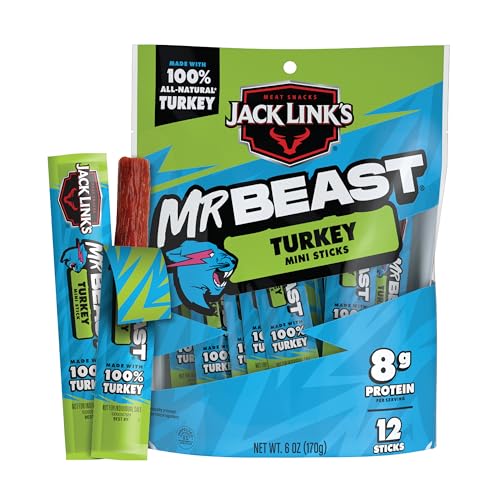 Jack Link’s x MrBeast Turkey Mini Sticks – 8g Protein per Serving, Individually Wrapped Meat Sticks, Made with 100% All Natural Turkey, Zero Sugar, Pantry-Ready, Kids Snacks, 0.5oz (12 Count)