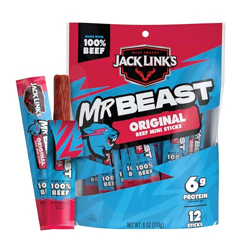 Jack Link’s x MrBeast Original Mini Beef Sticks – 6g Protein per Serving, Individually Wrapped Meat Snacks, Made with 100% Real Beef, Pantry-Ready, Kids Snacks, 0.5oz (12 Count)