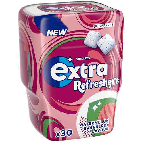 Extra Refreshers Watermelon Raspberry Sugar Free Chewing Gum Pack, 30 Pieces - Fresh Breath Fruit Gum - Air Travel Essentials, Festival Accessories, Summer Holiday & Road Trip Snacks