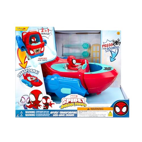 MARVEL Spidey and His Amazing Friends Spidey Transforming Web-Wave Cruiser - 9-Inch 2-In-1 Vehicle with Free Wheels and Web Dart Launchers