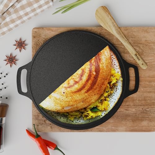 Ortex Cast Iron Dosa Tawa 12 Inch Pre Seasoned with Double Handle – Iron Tawa for Roti and Dosa Big Size | Flat Tawa for Chapati, Paratha | Gas & Indu
