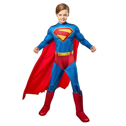 Rubies Superman Deluxe Kids Boys Costume Jumpsuit with Shoe Covers and Cape, Medium, for Superhero Dress Up, Parties and Halloween