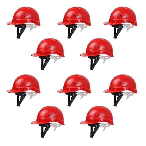 Robustt Safety Helmet - Red (Pack of 10) | Adjustable Headband | Heavy Duty Material | As Per ISI Safety Standard | Non Irritant and Soft Fabric | Lig