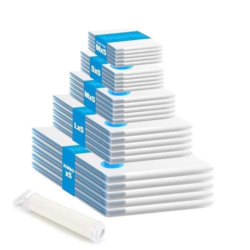 Simple Deluxe 25 Pack Space Saver Bags, Vacuum Storage Bags, Space Saver Bags for Comforters, Blankets, Bedding, Pillows and Clothes, Hand Pump Included(5 Jumbo/5 Large/5 Medium/5 Small/5 Roll M)
