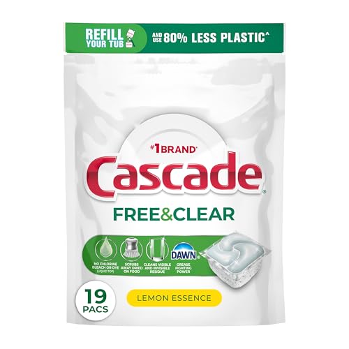 Cascade Free & Clear Dishwasher Pods, Dishwasher Detergent, Dish Detergent Soap, Lemon Essence, 19 Count