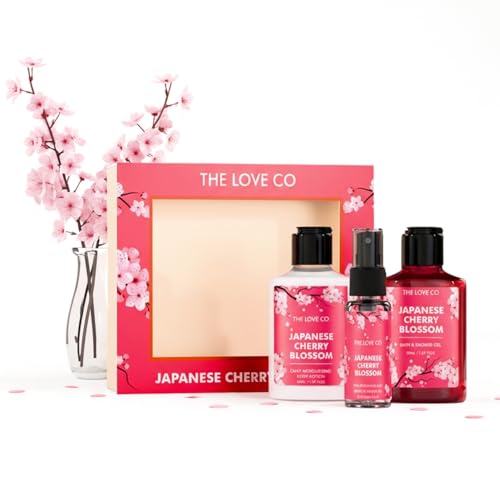 THE LOVE CO. Japanese Cherry Blossom Gift Set for Women – Pack of 3 (Body Wash, Lotion & Mist) | Luxury Vegan Bath Gift | Birthday & Anniversary