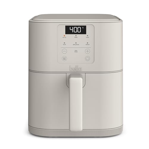bella 6 Qt Slim Air Fryer, Fits-anywhere™ Kitchenware, EverGood™ Ceramic Nonstick Coating, Adjustable Temperature, 6 Preset Cooking Options, 60 Min Auto Shutoff w Audible Tone, 5lb Capacity, Oatmilk