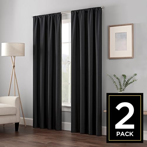 Eclipse Kendall Modern Thermaback Blackout Window Curtains, Rod Pocket, Insulating and Noise Reducing Window Curtains, 84 Inch Long x 42 Inch Wide, Curtain Panel Set, 2 Pack, Black