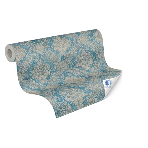 Livingwalls Wallpaper DESIGNDROP - precovered Non-Woven Wallpaper Ornament in Blue, Brown - 10,05m x 0,53m - Classic Baroque Wallpaper with Ornamental Pattern - 784921