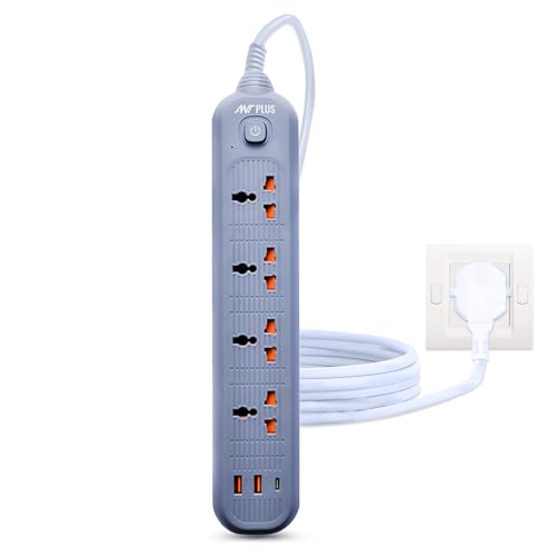 Electric PS421 Power Strip,10ft Universal Extension Cord 4 AC Outlets 2USB 1 Type C PD Ports, Flat Plug, Max 2500W, 220-250v, Multiple Outlet Extender