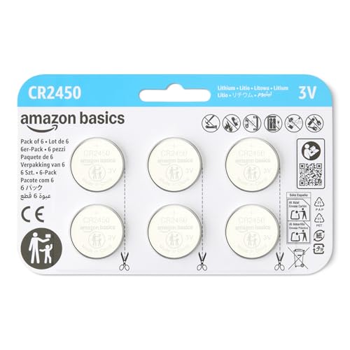 (-12%) Amazon Basics CR2450 Lithium-Knopfzellenbatterie, Leistung, frei von Quecksilber, 3 V, kindersichere Verpackung (zum Öffnen Schere verwenden), 6er-Pack