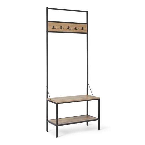 Amazon Basics Entry Bench with Hooks, Hall Tree with Shoe Storage Bench, Steel Frame, Oak FinishSolid Wood Shoe Bench, 
