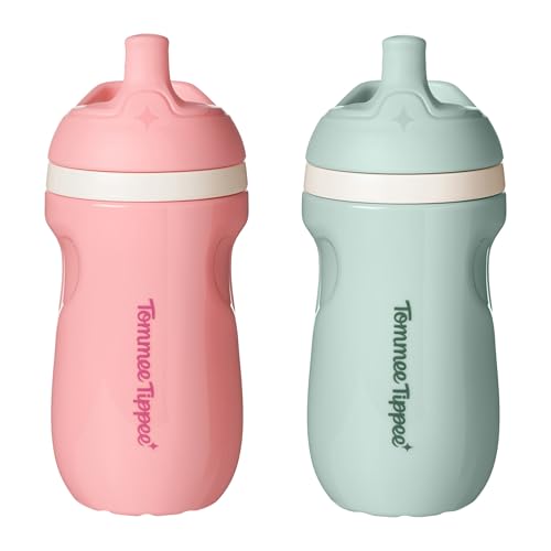 Tommee Tippee Insulated Sporty Bottle, 9oz, No Spill Toddler Water Bottle For 12 months +, Two-Piece Valve Helps Stop Spills, Pack of 2, Pink and Mint