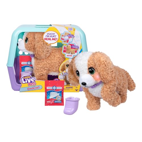 Little Live Pets Ouchies Amazon Exclusive Hazel The Poodle Plush, 50+ Sounds, Limping to Walking Puppy Toy & Carrier, Interactive Toy Dog for Kids 5+