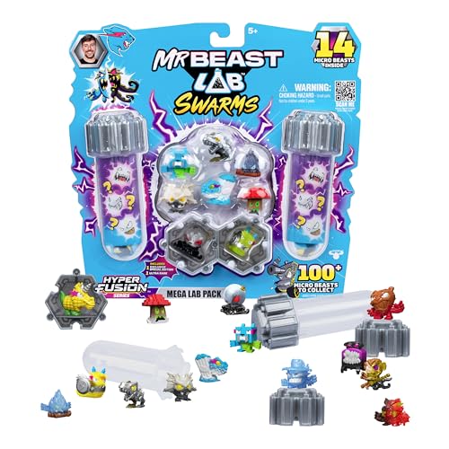 MrBeast Lab Swarms Hyper Fusion Series, Avalanche Globe Collectibles, Collect Over 100 Unique Swarms, Mega Lab Pack with 14 Micro Beasts, 14 Stickers & 4 Fusion Caps, Fun for Kids & Fans