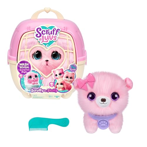 SCRUFFALUVS Pink Surprise Pet, Mystery Plush Toys, Stuffed Animals, Wash to Reveal 1 of 3 Rescue Pets: Puppy, Bunny, or Kitty - Includes 8.7" Deluxe Pet Carrier - Styles May Vary