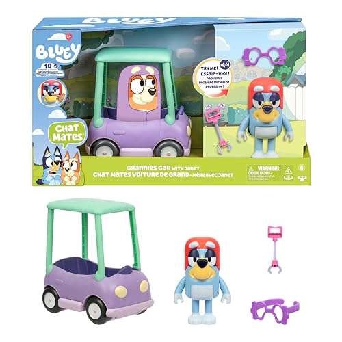 Bluey Grannies Car Coupe Chat Mates Playset, Talking Janet Kids Toy with Removable Blanket, Glasses, Interactive Toys Figures Set, Ages 3+