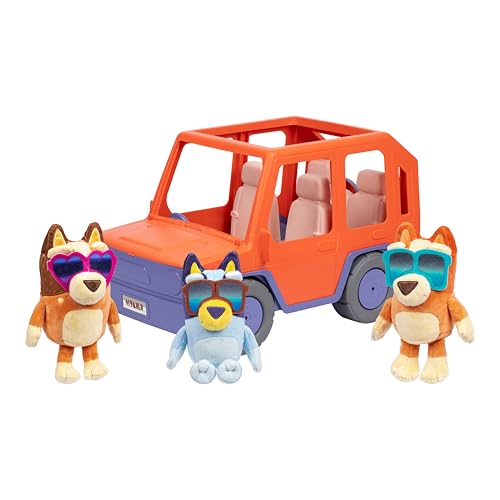 Bluey Big Heeler 4WD and Family Toddler Toy Car, Bingo and Chilli Plush Buddies, Opening Hood Storage, Car Toys for Kids