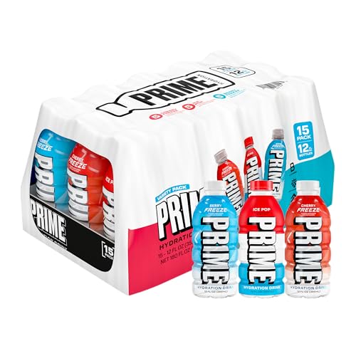 PRIME HYDRATION Variety - Blue Freeze, Cherry Freeze, ICE POP Sports Drinks, Electrolyte Enhanced for Ultimate Hydration, 250mg BCAAs, B Vitamins, Antioxidants, Low Sugar, 12 Fl Oz, 15 Pack