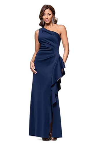 Xscape Women's One-Shoulder Gown with Cascading Ruffle Detail and Ruched Waist, Midnight, 12