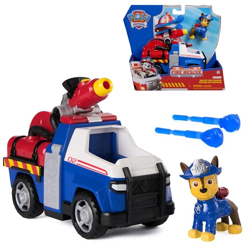 Paw Patrol, Fire Rescue, brandweervoertuig van Chase met figuur, 3+ | Voertuig 17,7 cm, figuur 5 cm hoog, 2 ballen, raketwerper kantelbaar, fantasiespel, 3+ jaar