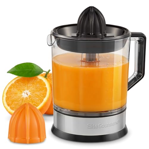 Elite Gourmet ETS740 BPA-Free Electric Citrus Juicer with 2 Cones, Compact, Large Volume, Pulp Control, Oranges, Lemons, Limes, Grapefruits with Easy Pour Spout, 1.2L, Black/Stainless Steel