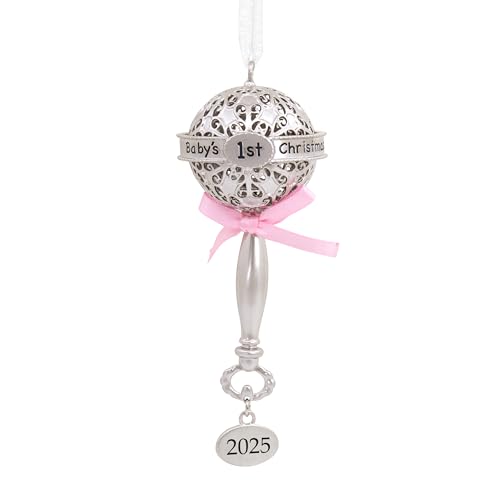 Hallmark Baby's First Christmas Silver Rattle with Pink Ribbon 2025 Christmas Ornament, Metal, New Baby Gifts