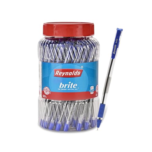 Reynolds BRITE 60 CT JAR BLUE I Lightweight Ball Pen With Comfortable Grip for Extra Smooth Writing I School and Office Stationery | 0.7mm Tip Size | 