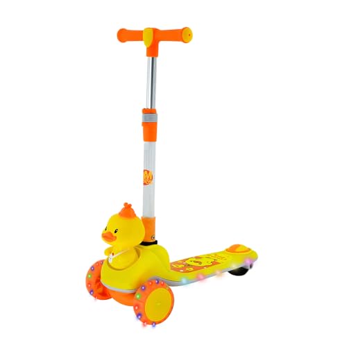 DM Toys Patinete Infantil Ajustável Lean-to-Steer 3 Rodas com Led e Som até 60kg Patinho Feliz Amarelo