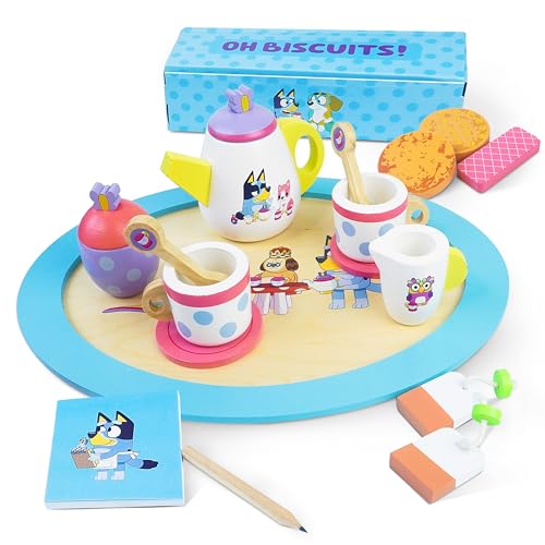 Bluey Wooden Tea Set for Kids – 20 Piece Pretend Play Tea Party Set with Teapot, Cups, Saucers, Spoons & Notepad, Role Play Toy for Boys & Girls, Children’s Kitchen Playset Gift for Kids Aged 3+