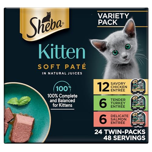 Sheba Perfect Portions Kitten Wet Cat Food Pate Chicken Entree, Salmon Entree, and Turkey Entree, 2.6 oz. Twin-Pack Trays (24 Count, 48 Servings)