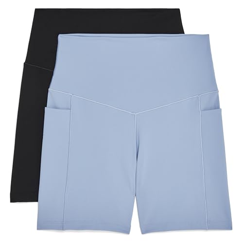 Danskin Women's 2 Pack Motivate Pocket 5" Bike Shorts, Black Salt/Endless Sky