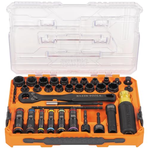 Klein Tools 65500KNECT KNECT Impact Socket Set, SAE and Metric Pass Through Socket Set, 90-Tooth Ratchet, MODbox Case, SAE, Metric, Screwdriver Handle, Bits, 39-Piece