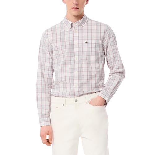 Lacoste Men's Check Print Stretch Shirt, White, Flamingo, & Red, Large