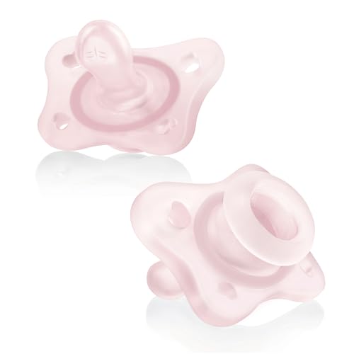 Chicco PhysioForma 100% Soft Silicone Mini One Piece Pacifier for Babies 0-2 Months | BPA & Latex Free | Reusable Sterilizing Case | Pink, 2pk