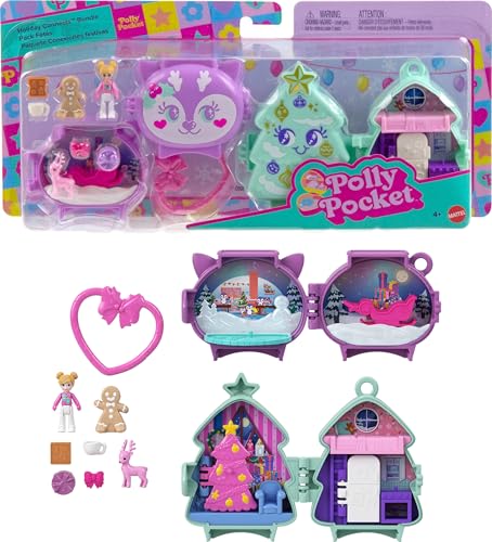 Polly Pocket Mini Toys, Holiday Stackable Compact Playset Bundle with Micro Doll, Accessories, Pet Animal, Travel Toy with Clip