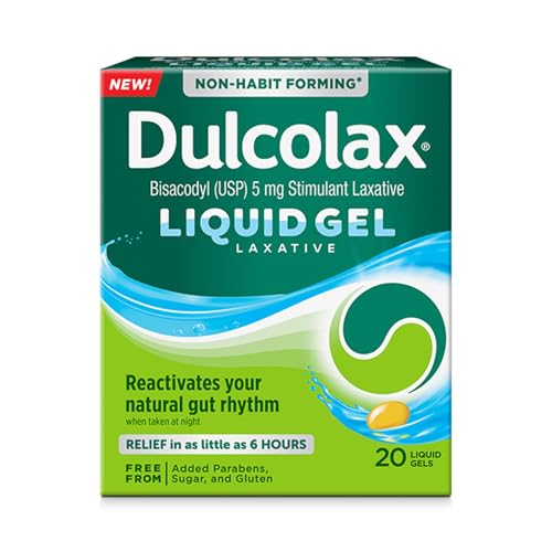 Dulcolax Stimulant Laxative Liquid Gels, Predictable & Effective Constipation Relief, Relieves Constipation Related Symptoms, Bisacodyl 5 mg, No Added Parabens, Gluten-Free & Sugar-Free, 20-Count