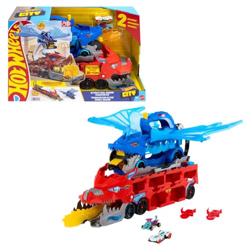 Hot Wheels City Toy Car Track Set, Ultimate Dual Dragon Transporter & 2 Die-Cast Cars, Large-Scale Dragon & Detachable Dragon, Stores 20+ Vehicles